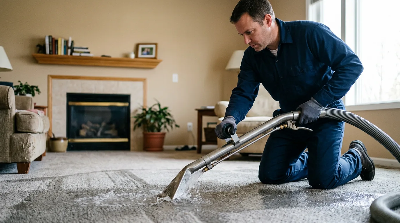 Water damage restoration technician working near Mansfield Center, CT